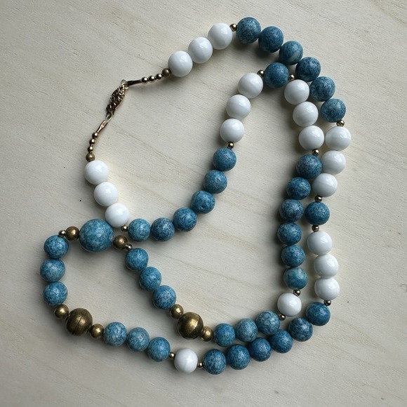 Asian Artisan Crafted Jewelry - Vintage Asia Artisan Beaded Necklace 28 Inch Blue White Gold Plated Round Strand